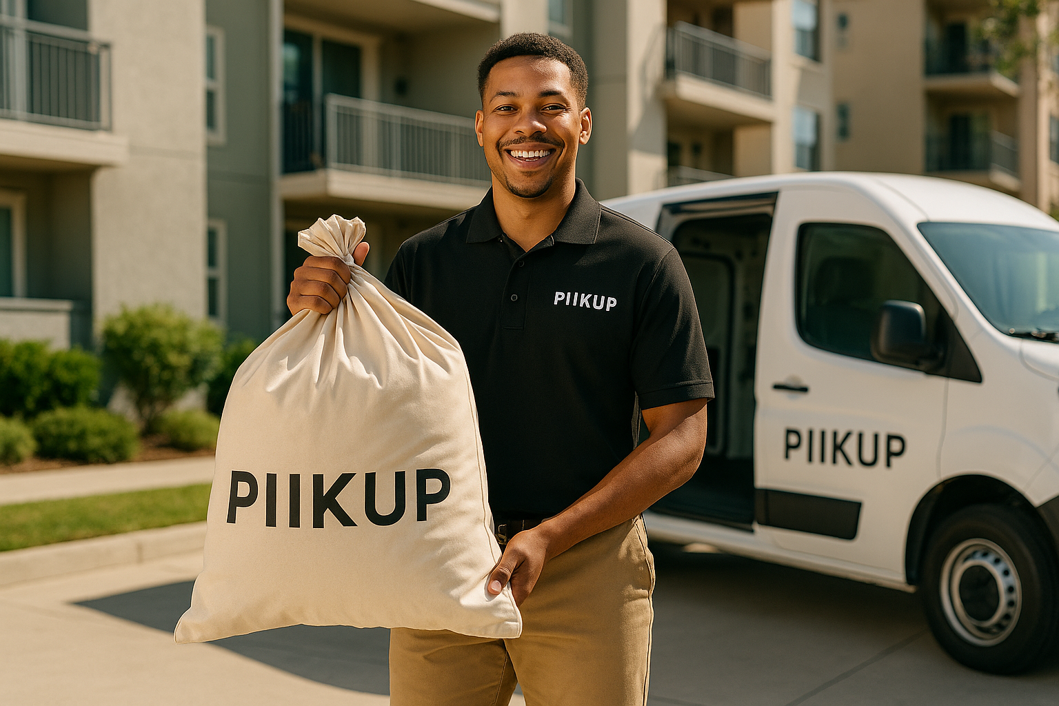 Image of a young african american male delivery laundry in a branded Piikup laundry bag.